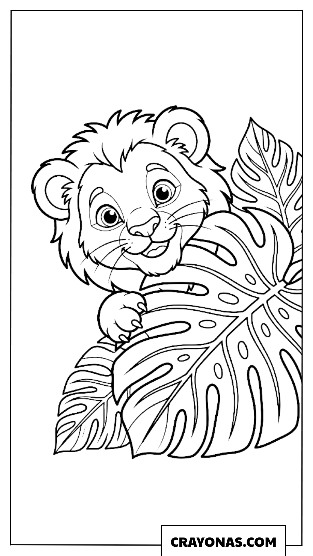 Cute Baby Lion Behind Leaf Coloring Page