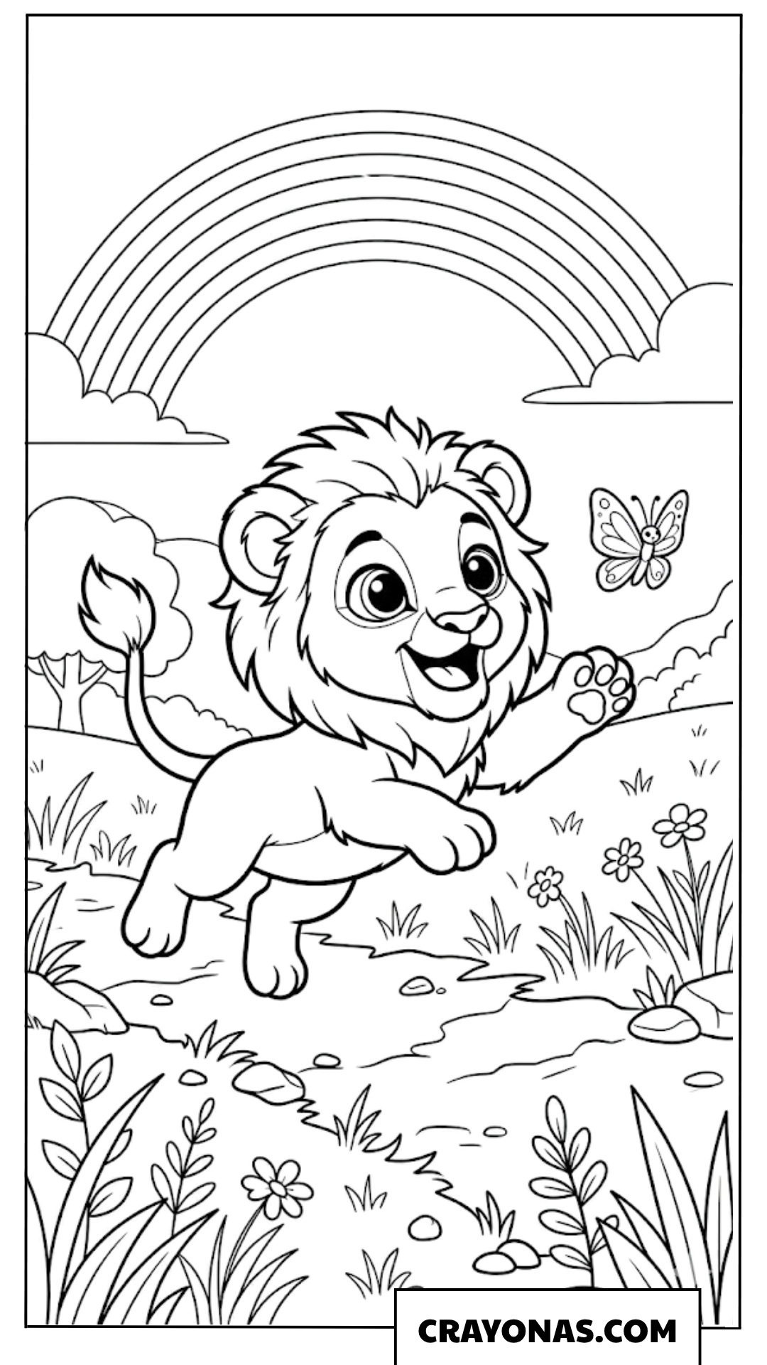 Cute Baby Lion Chasing Butterfly Coloring Page