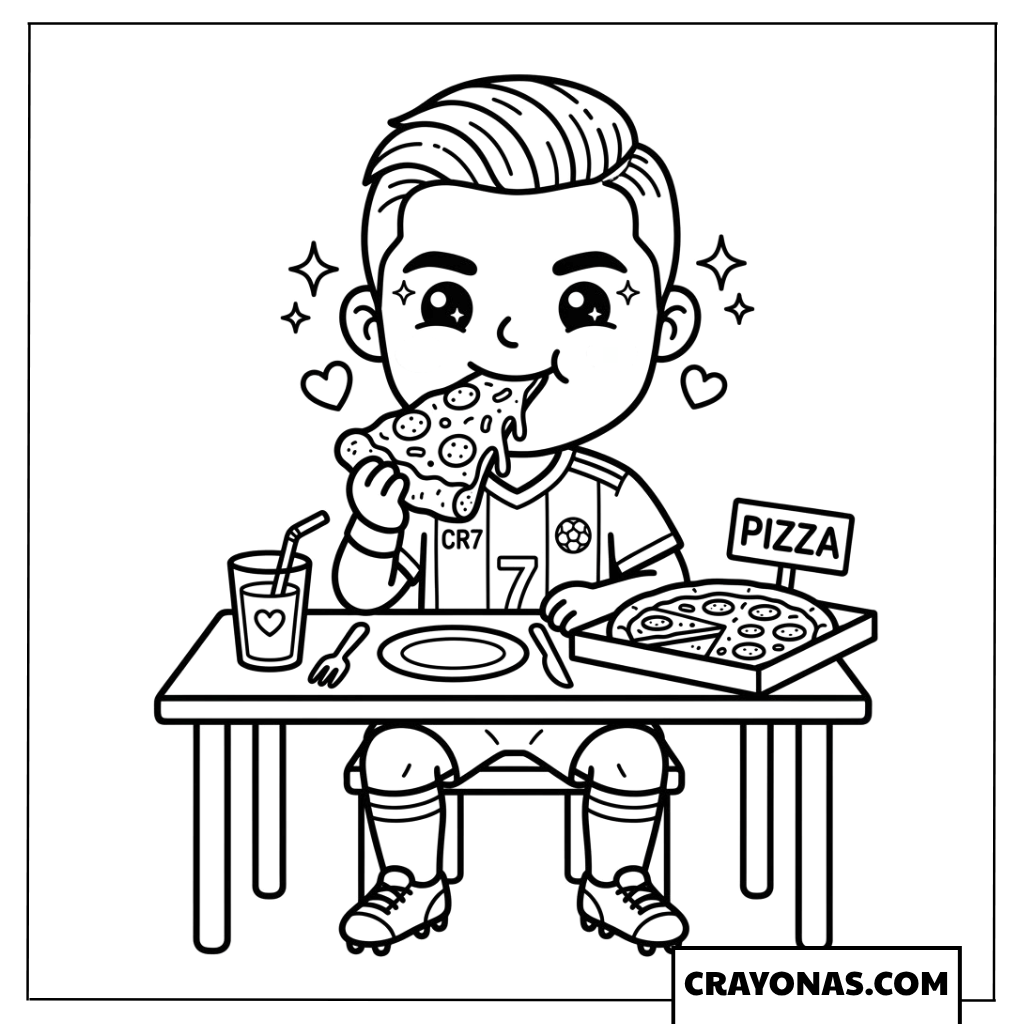 Cute Cartoon Ronaldo Eating Pizza Coloring Page