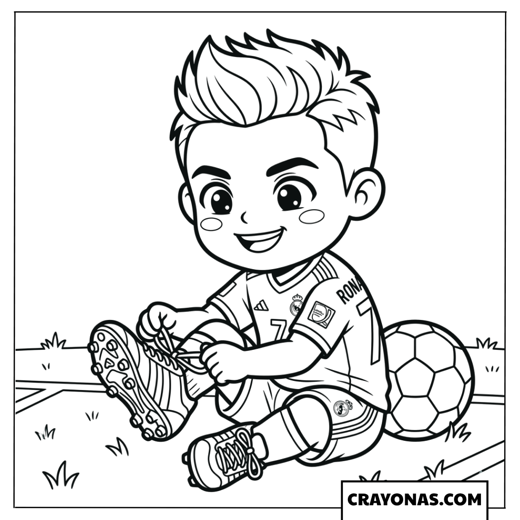 Cute Cartoon Ronaldo Tying Shoes Coloring Page