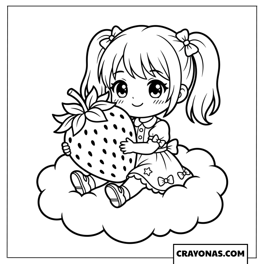 Cute Girl Hugging Strawberry Coloring Page