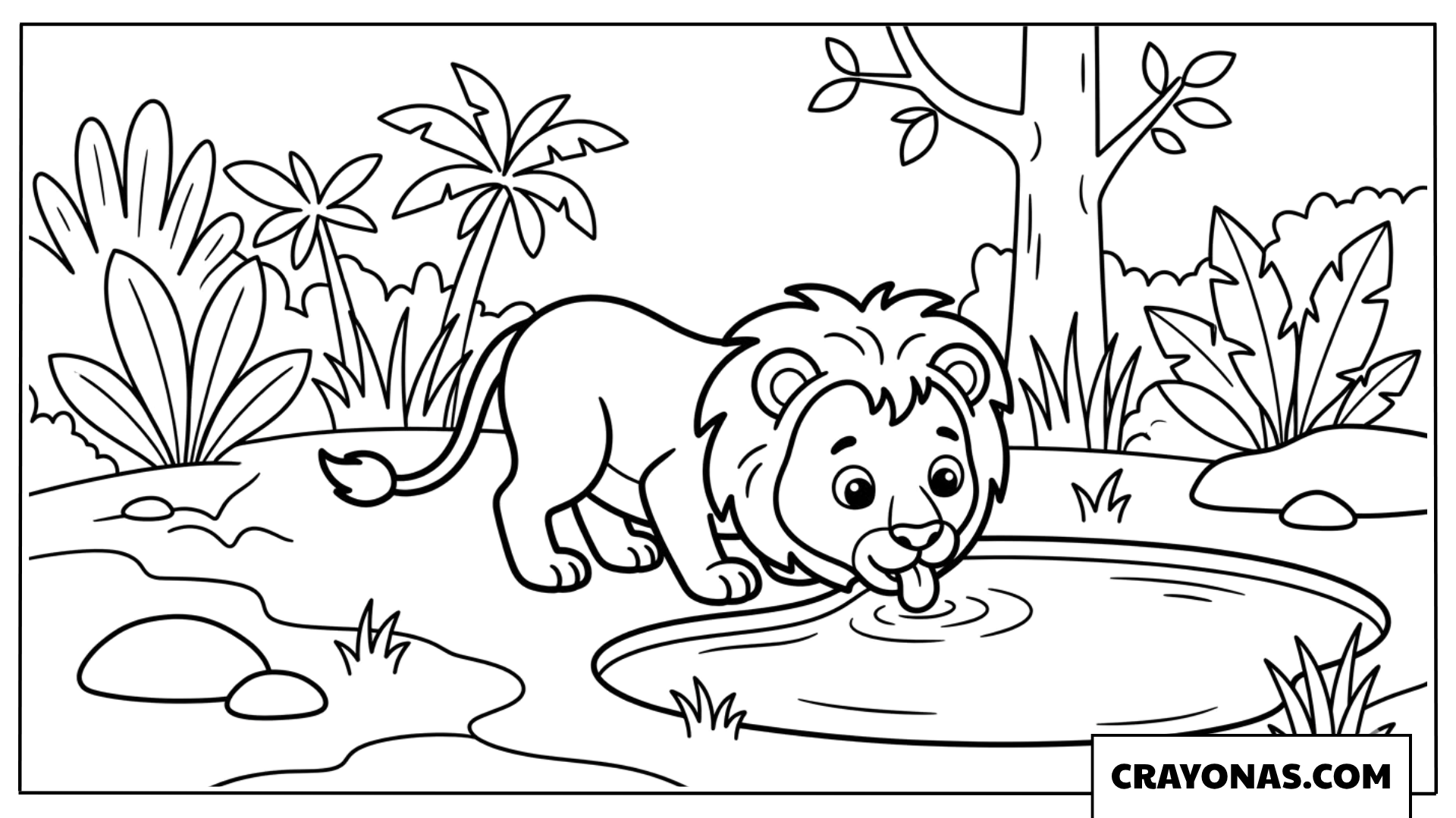 Cute Lion Drinking at Watering Hole Coloring Page