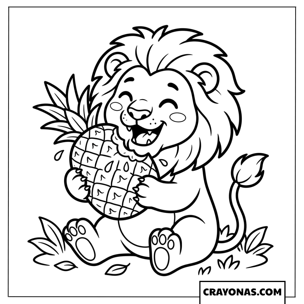 Cute Lion Holding Pineapple Coloring Page