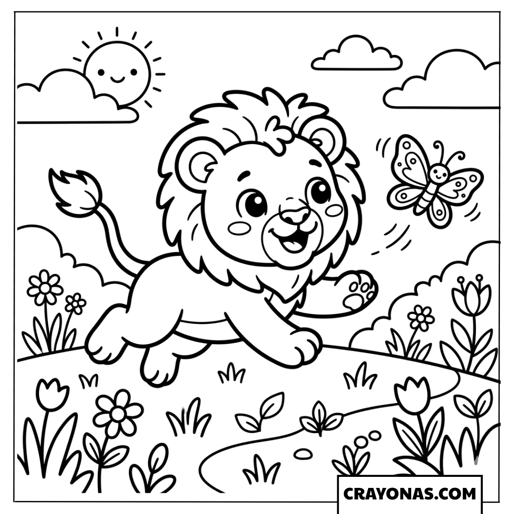 Cute Lion Running in Meadow Coloring Page