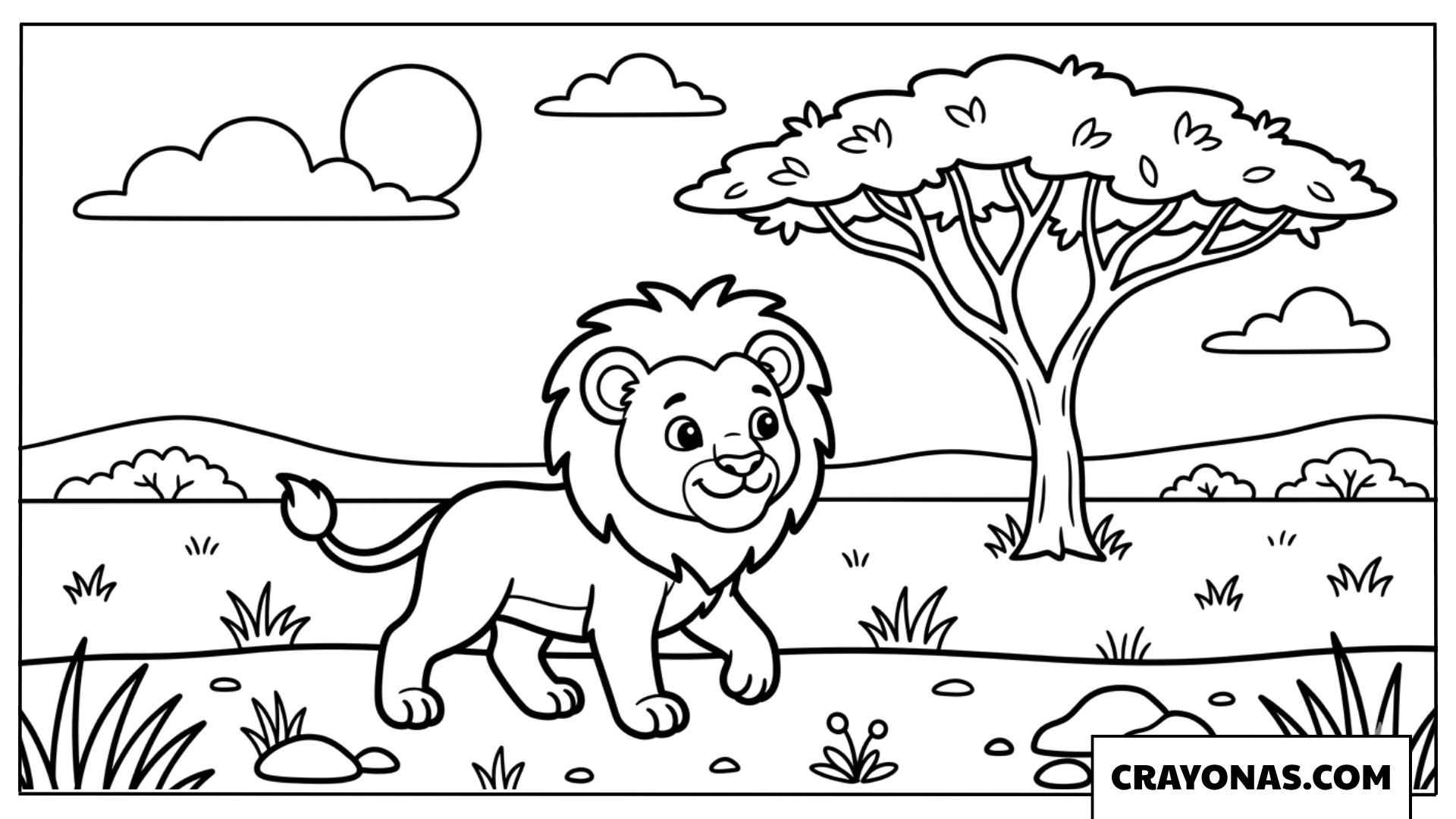 Cute Lion Walking in Savanna Coloring Page