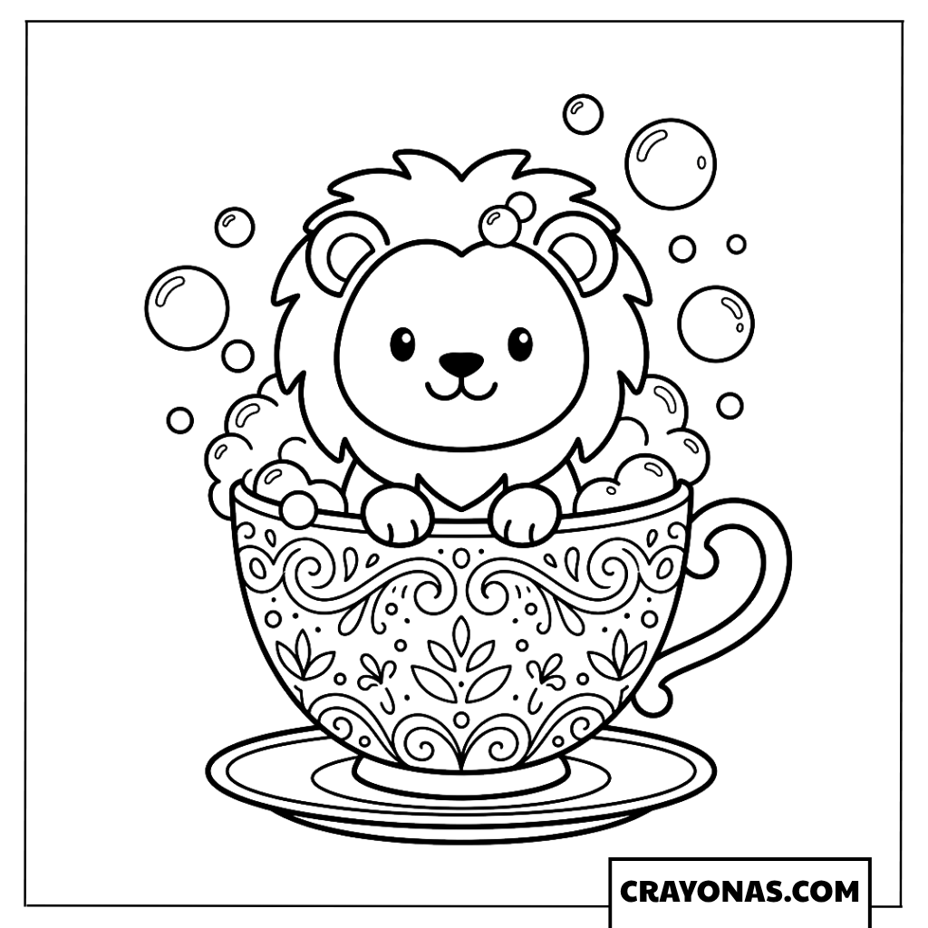 Cute Lion in Teacup Coloring Page