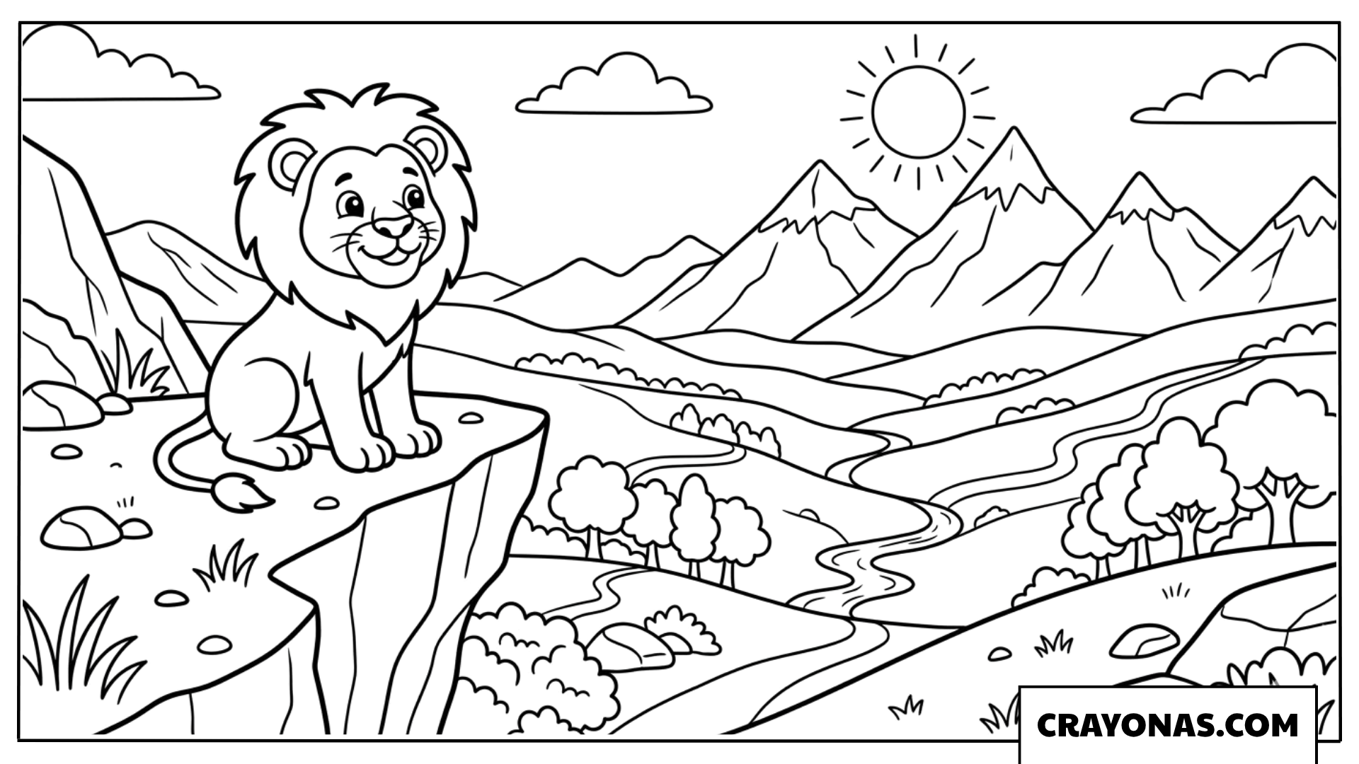 Cute Lion on Cliff Overlooking Savanna Coloring Page