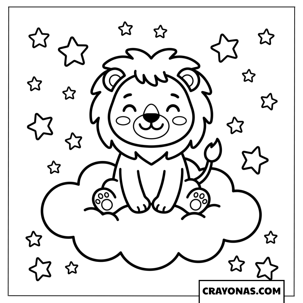 Cute Lion on Cloud Coloring Page