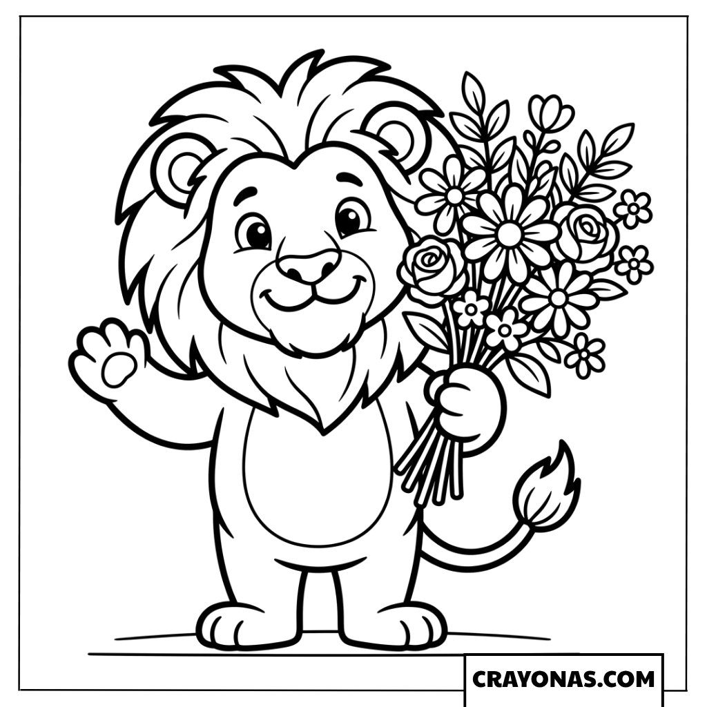 Cute Lion with Flowers Coloring Page