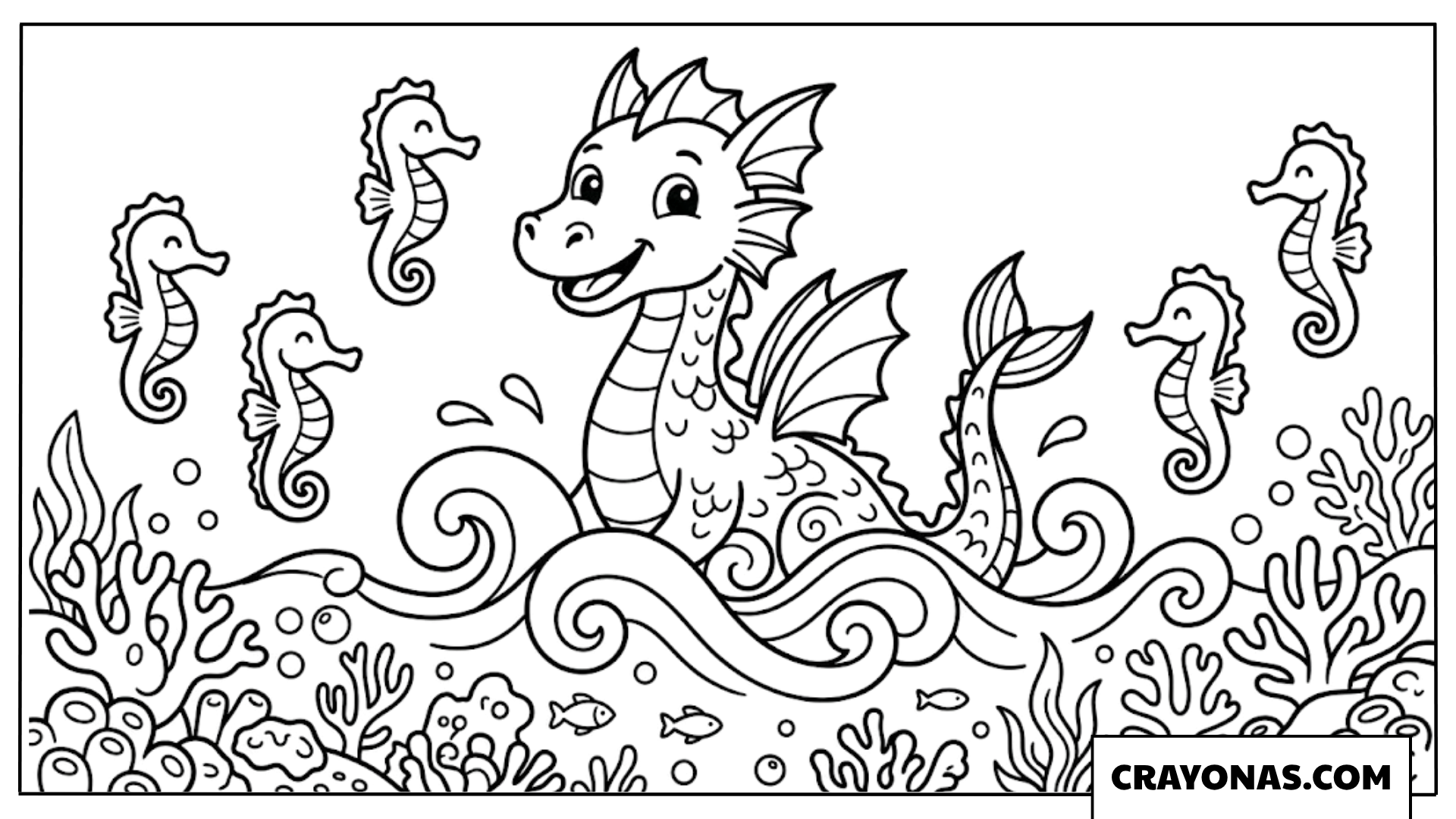 Cute Sea Dragon with Seahorses Coloring Page