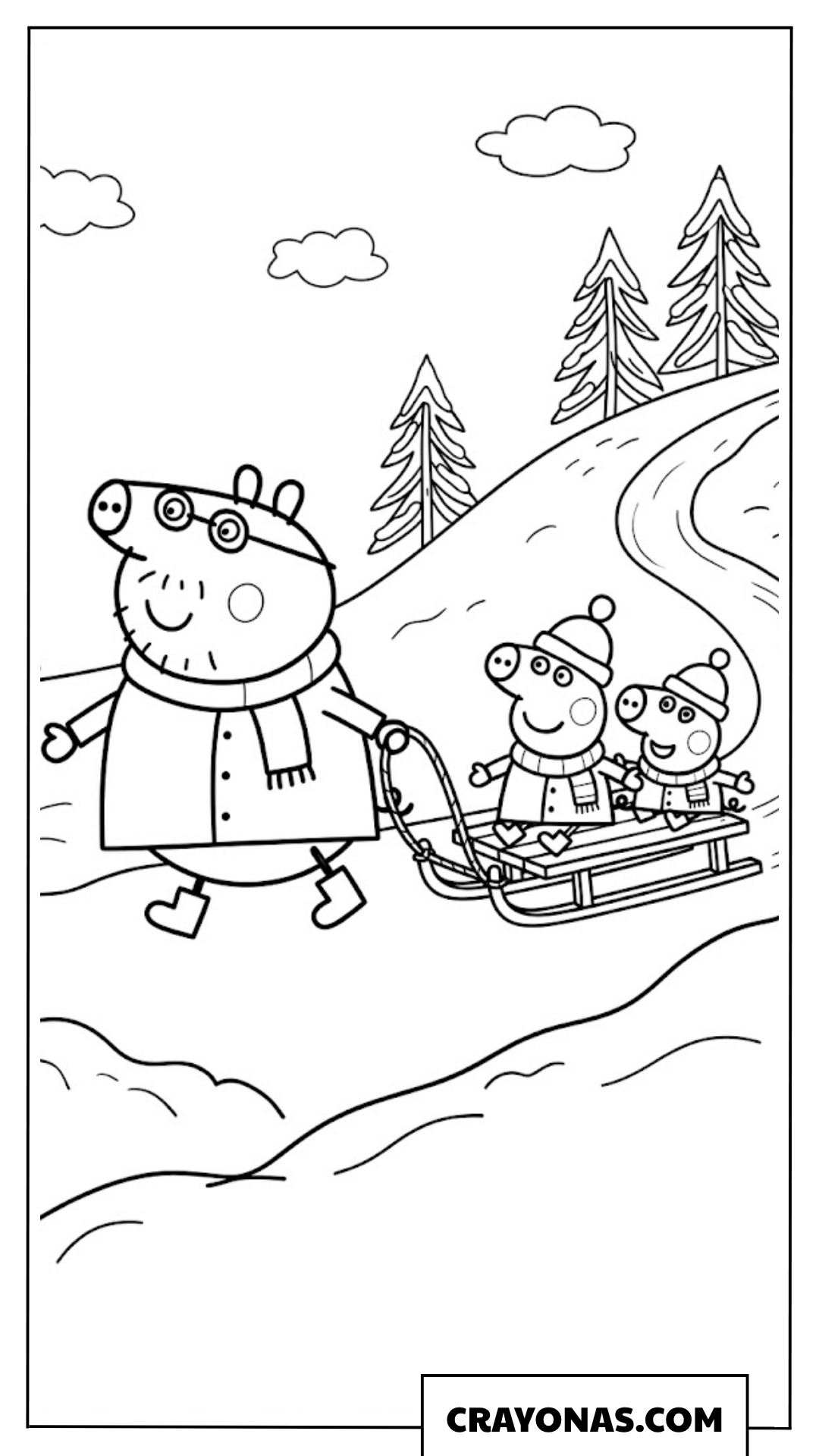 Daddy Pig Pulling Peppa and George Sled Coloring Page