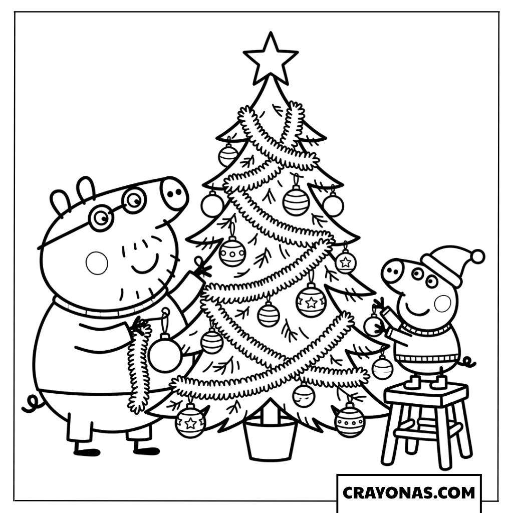 Daddy Pig and George Christmas Tree Decorating Coloring Page