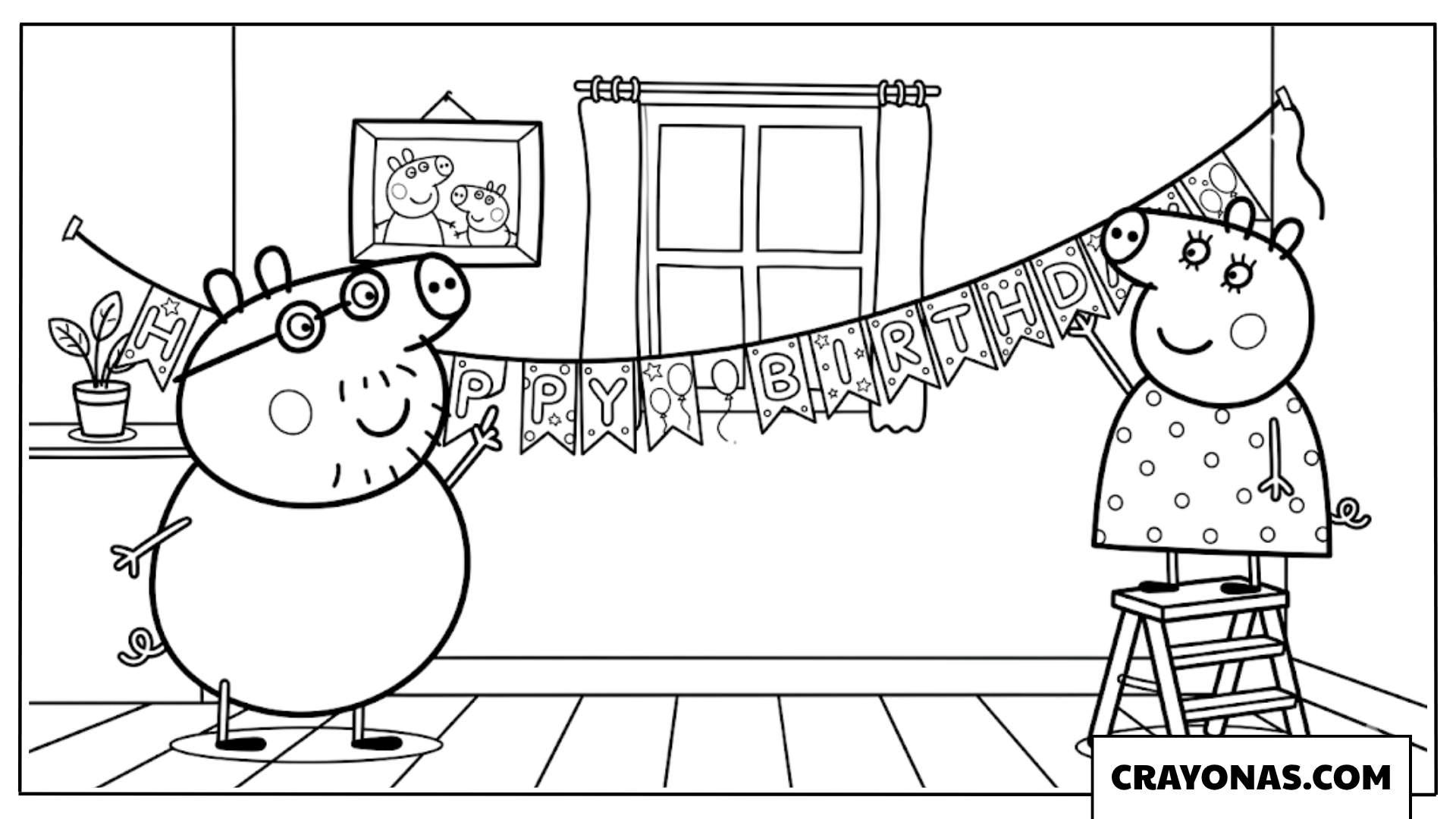Daddy Pig and Mummy Pig Hanging Banner Coloring Page