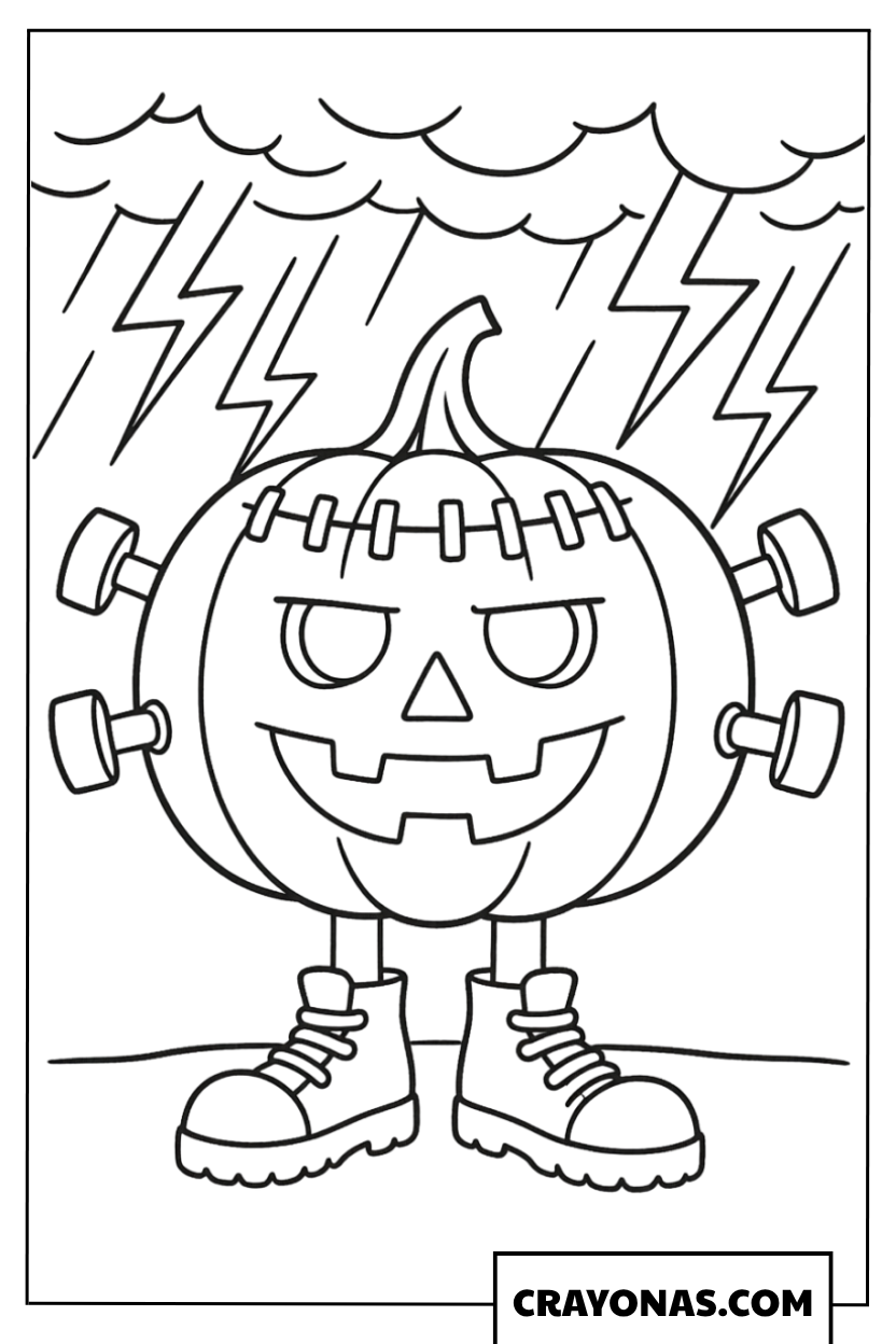 Dancing Pumpkin with Lightning Coloring Page