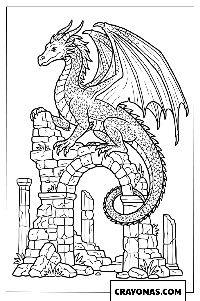 Detailed Realistic Dragon on Ruins Coloring Page