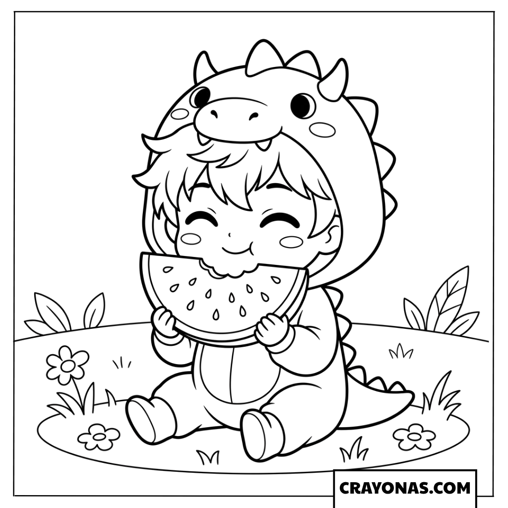 Dinosaur Boy Eating Watermelon Coloring Page