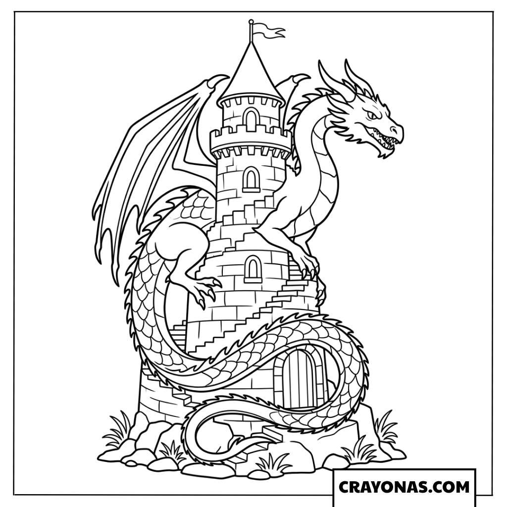 Dragon Around Castle Coloring Page