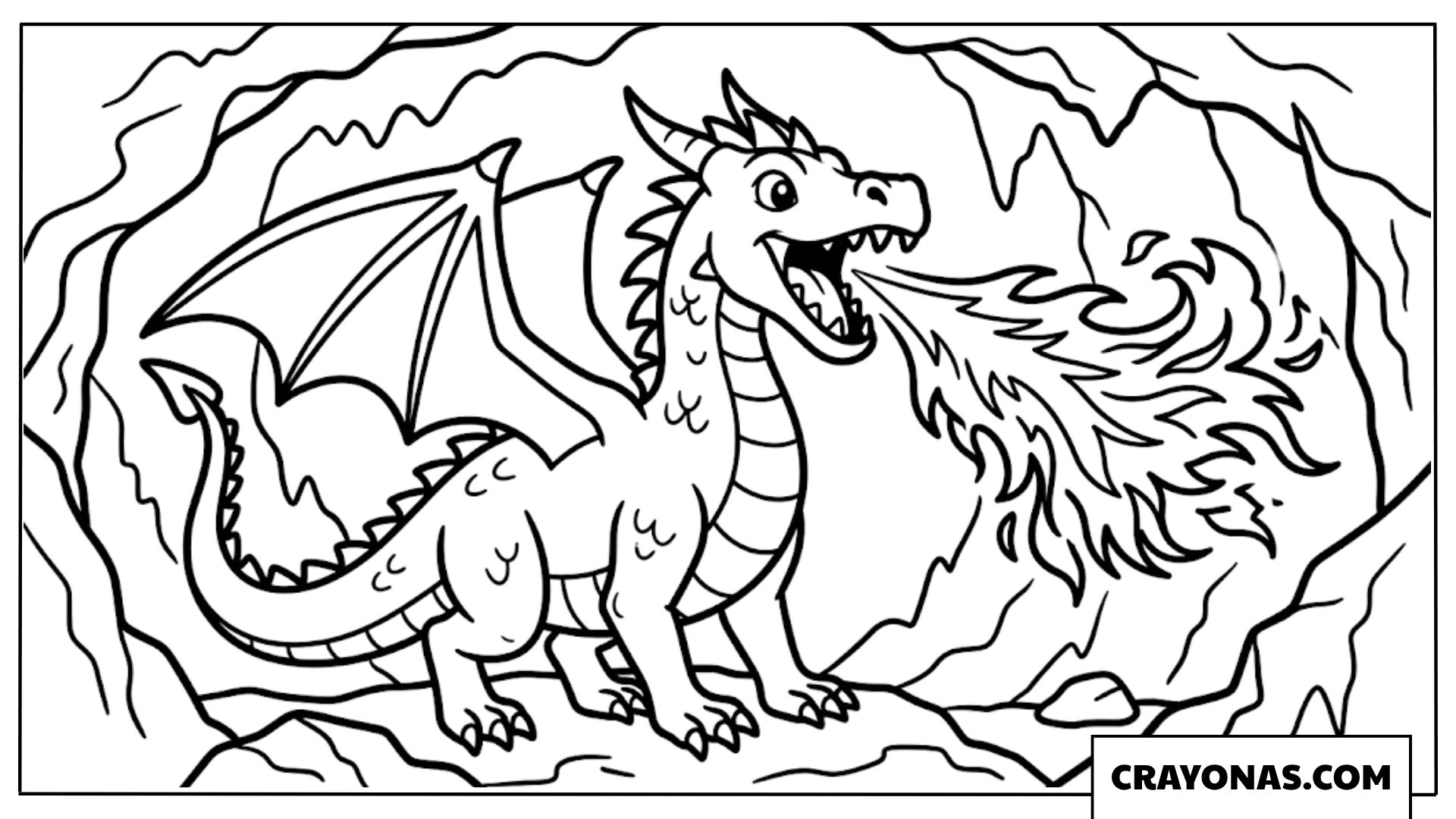 Dragon Breathing Fire in Cave Coloring Page