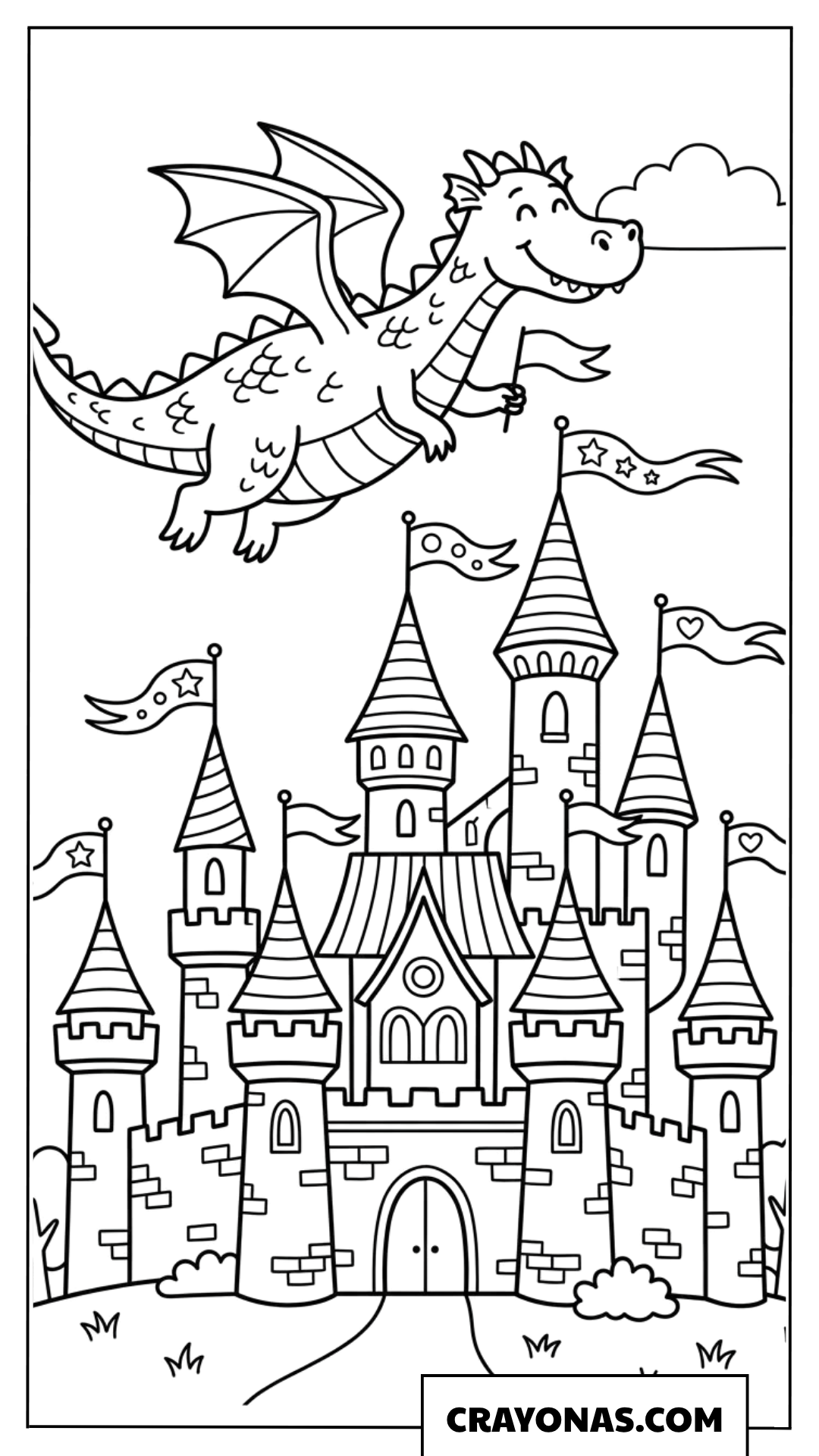 Dragon Flying Over Castle Coloring Page