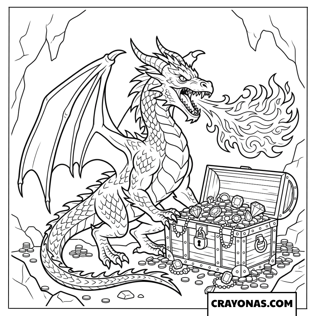 Dragon Guarding Treasure Coloring Page