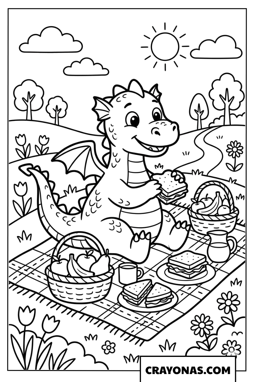 Dragon Having a Picnic Coloring Page