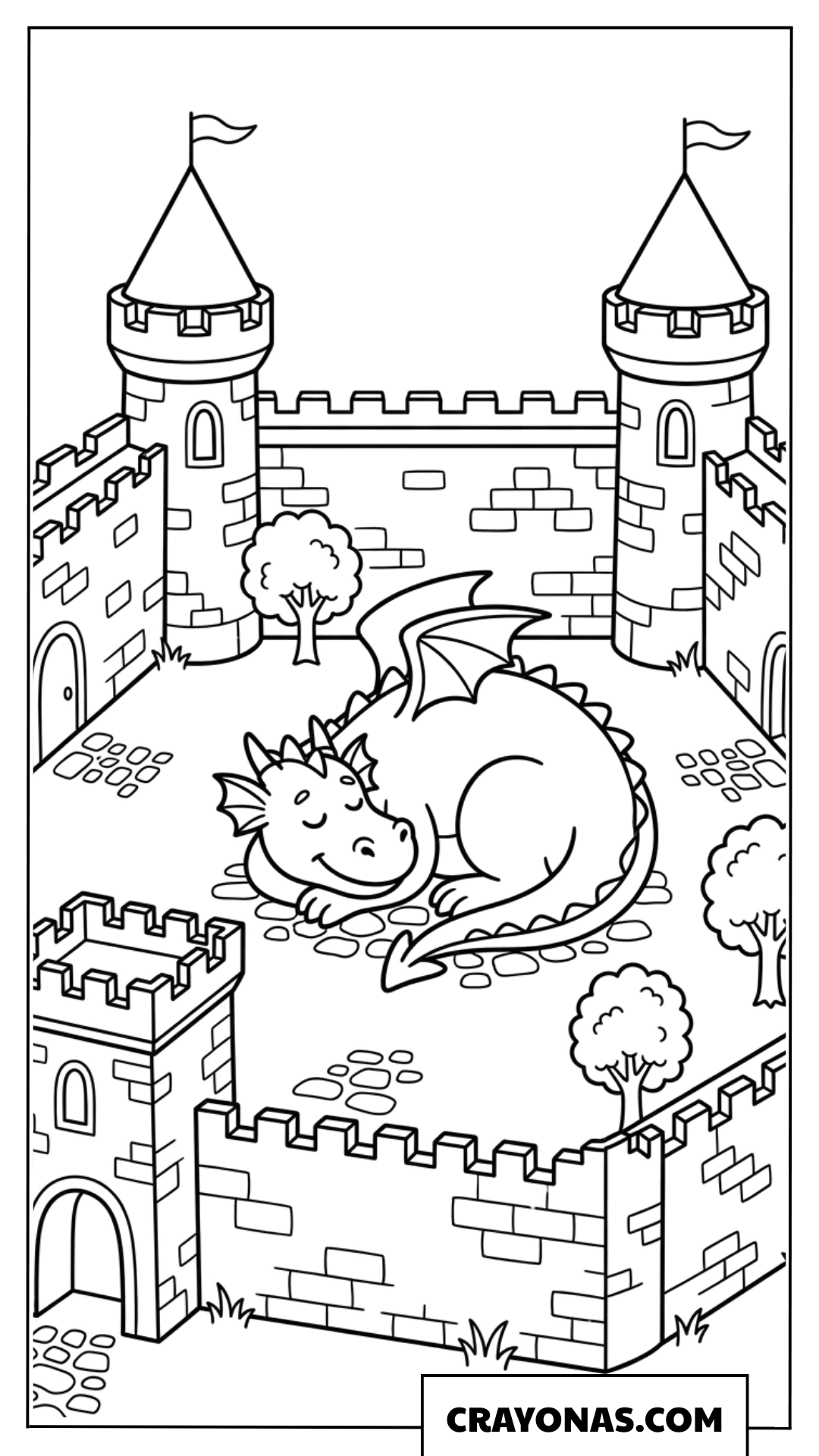 Dragon Resting in Castle Courtyard Coloring Page