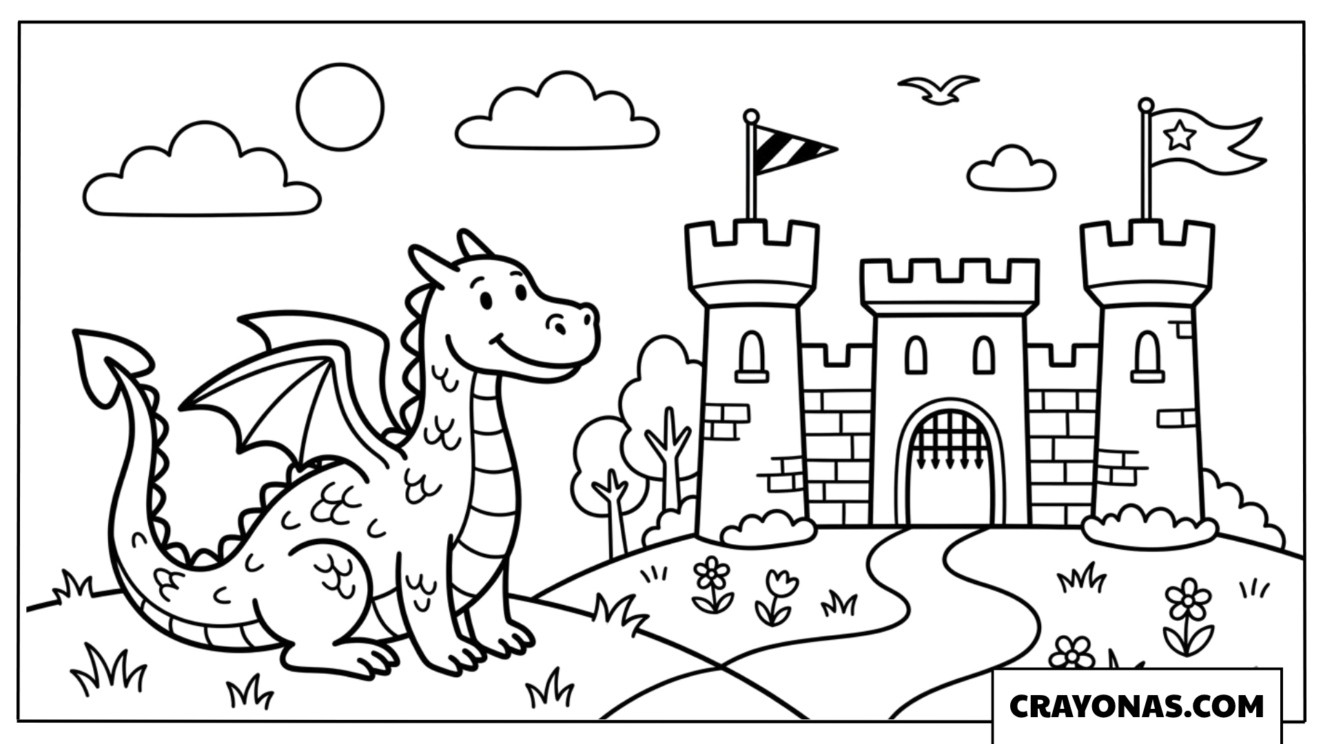 Dragon Standing in Front of Castle Coloring Page