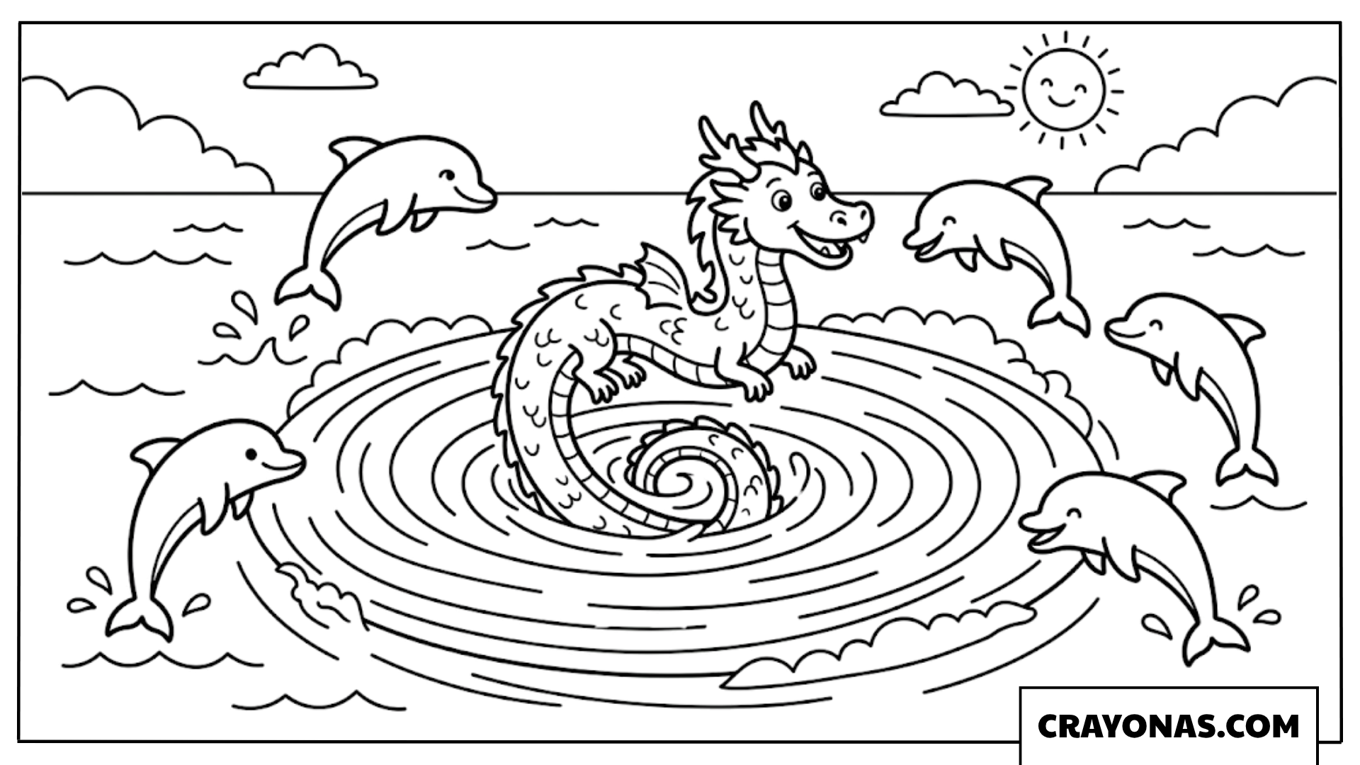 Dragon Swimming with Dolphins Coloring Page