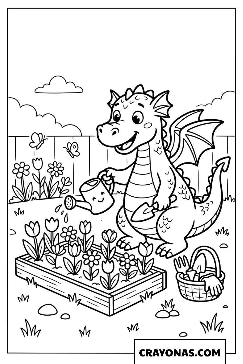 Dragon Watering Flowers in Garden Coloring Page