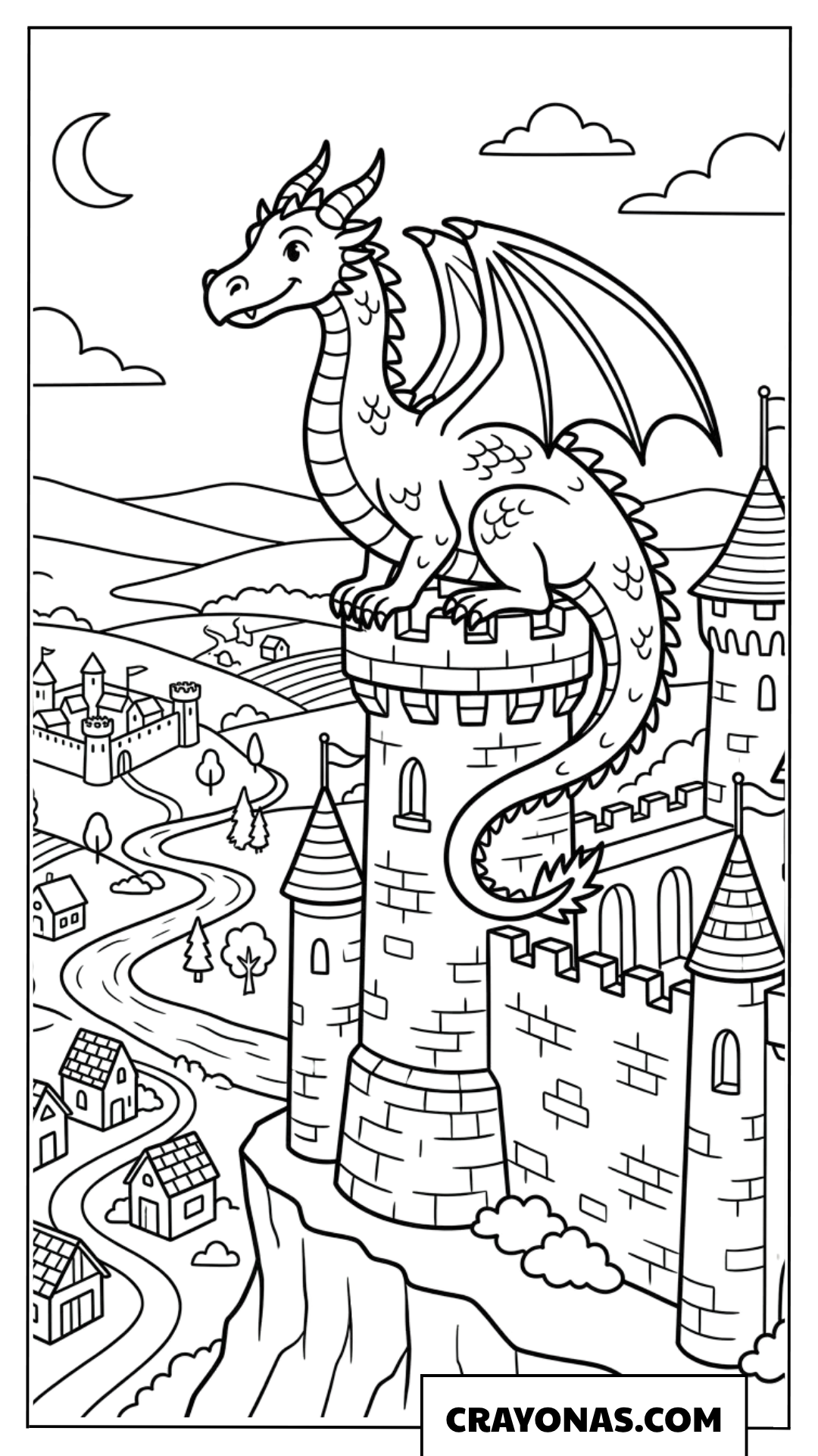 Dragon on Castle Rooftop Coloring Page