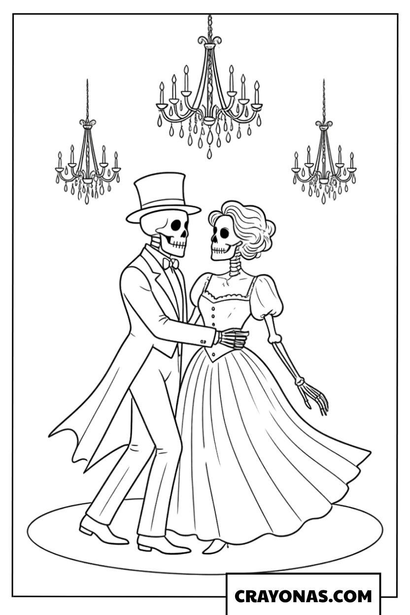 Elegant Skeleton Waltz Coloring Page