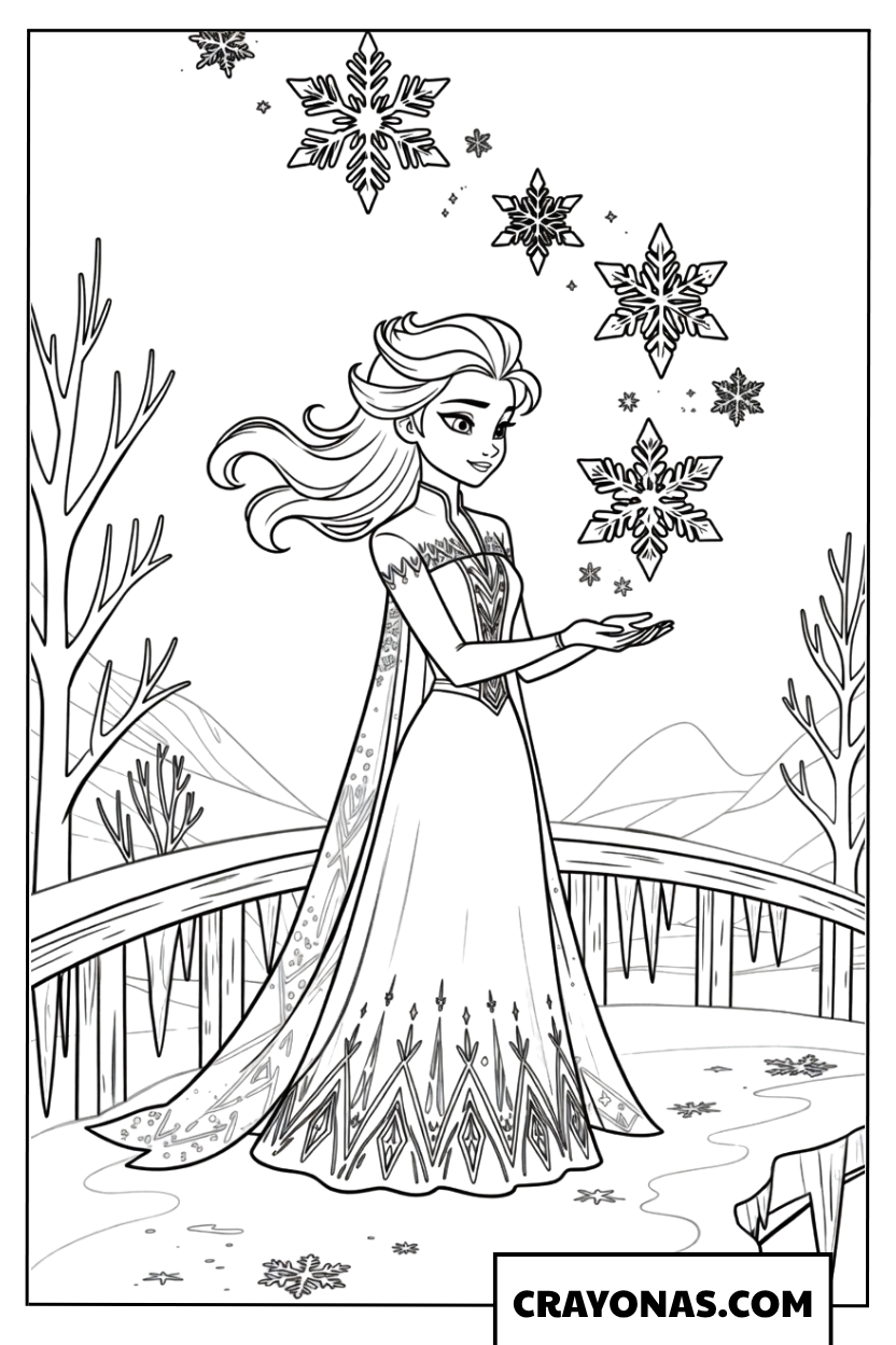 Elsa Creating Magical Snowflakes Coloring Page