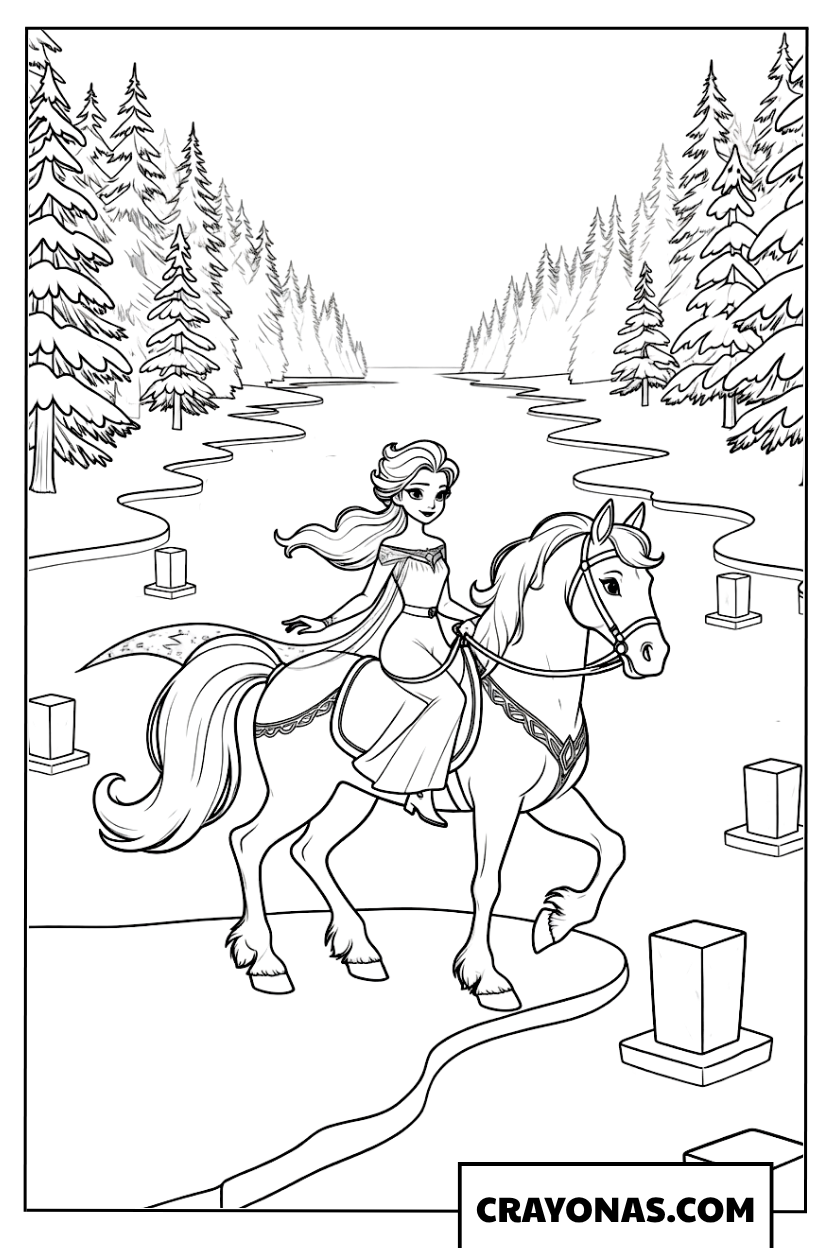 Elsa Riding the Nokk Through the Forest Coloring Page