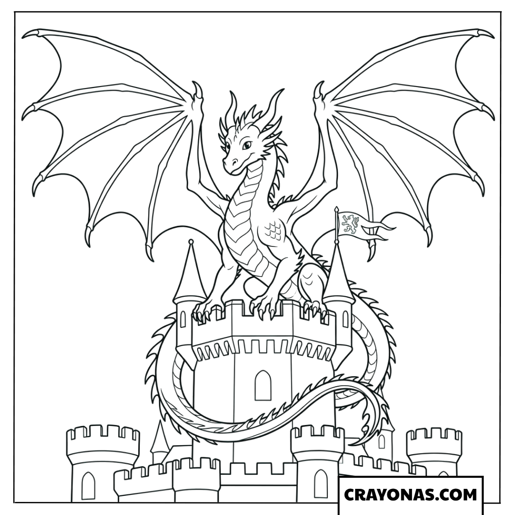 European Dragon on Castle Coloring Page