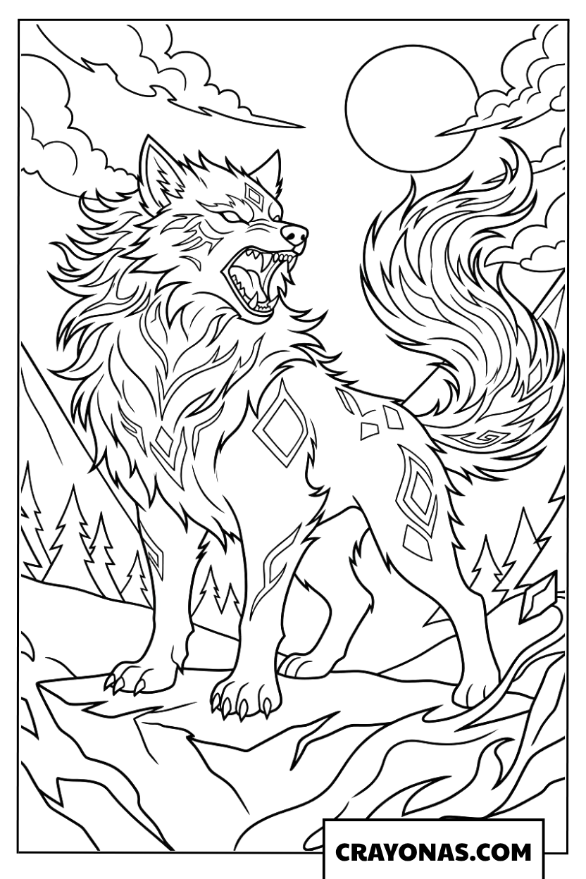 Fierce Fantasy Wolf Coloring Page