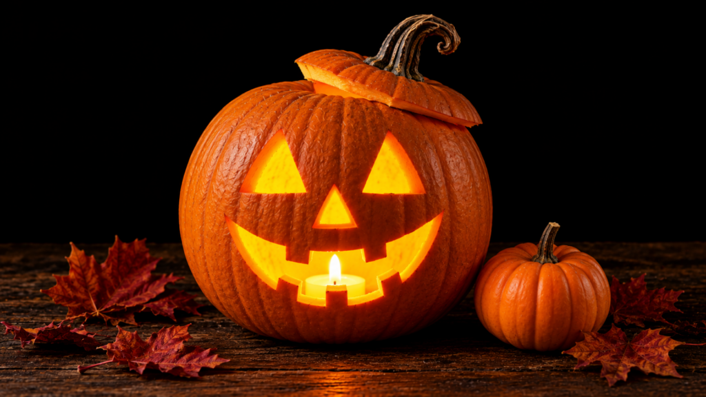 Finished Carved Pumpkin Glowing from Inside