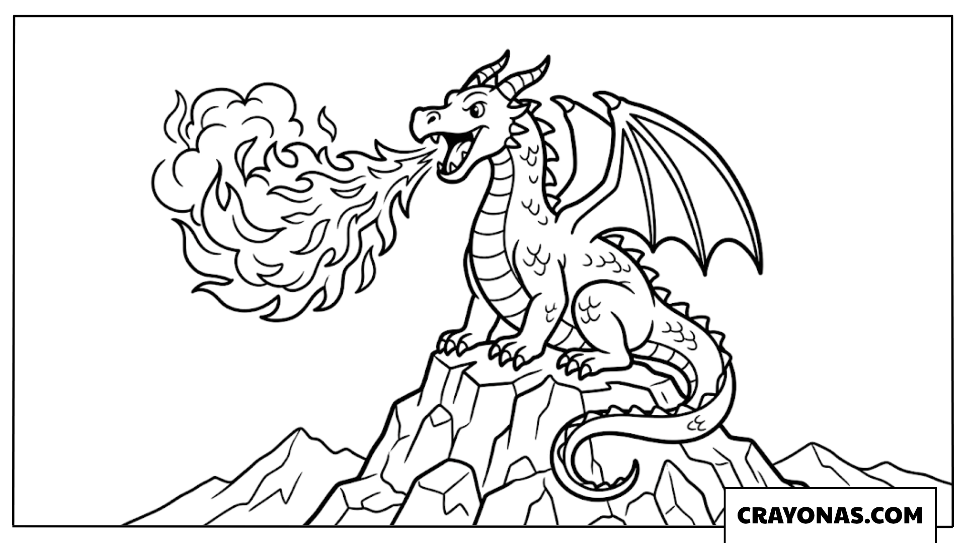 Fire-Breathing Dragon on Mountain Coloring Page