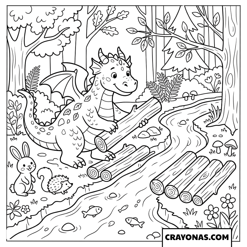 Forest Dragon Crossing Forest Stream Coloring Page