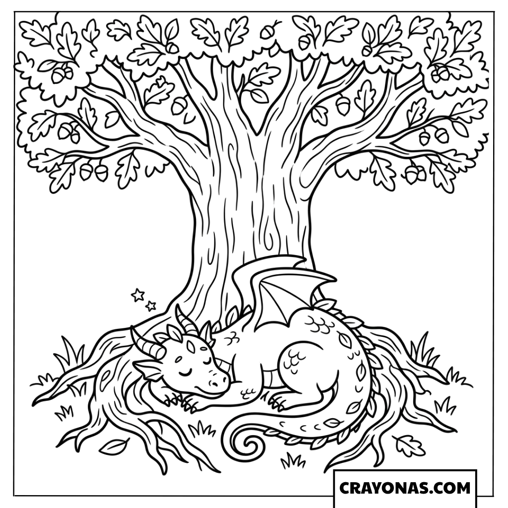 Forest Dragon Resting by Ancient Tree Coloring Page