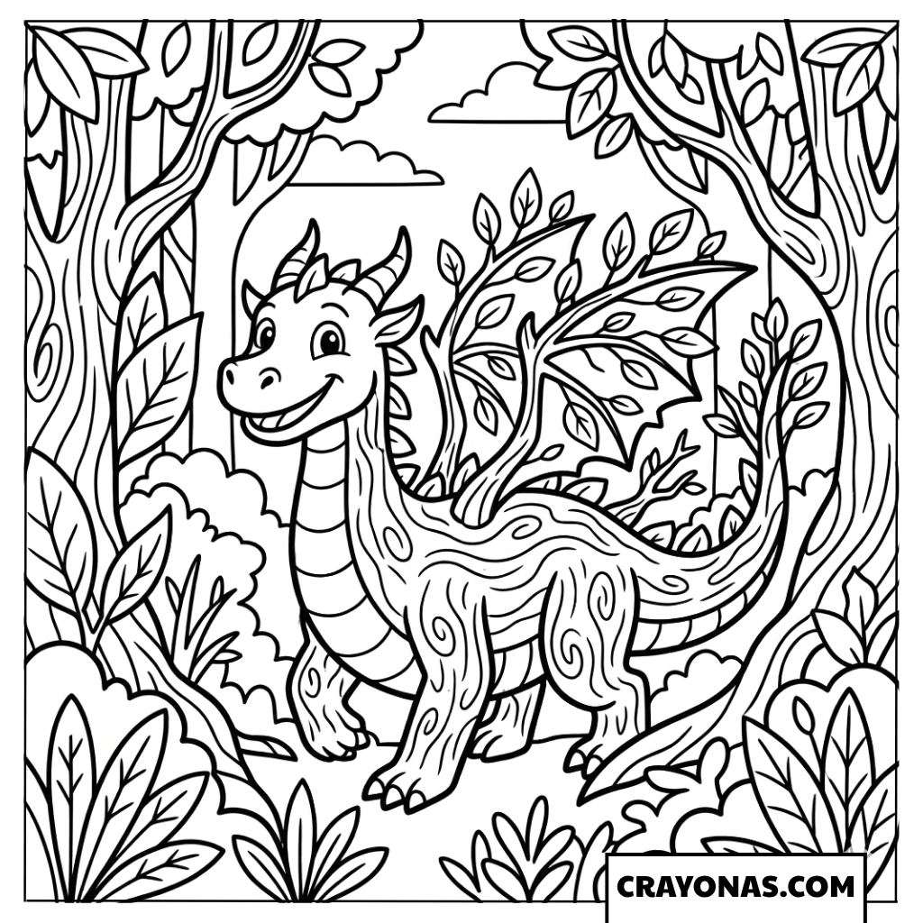 Forest Dragon in Enchanted Forest Coloring Page