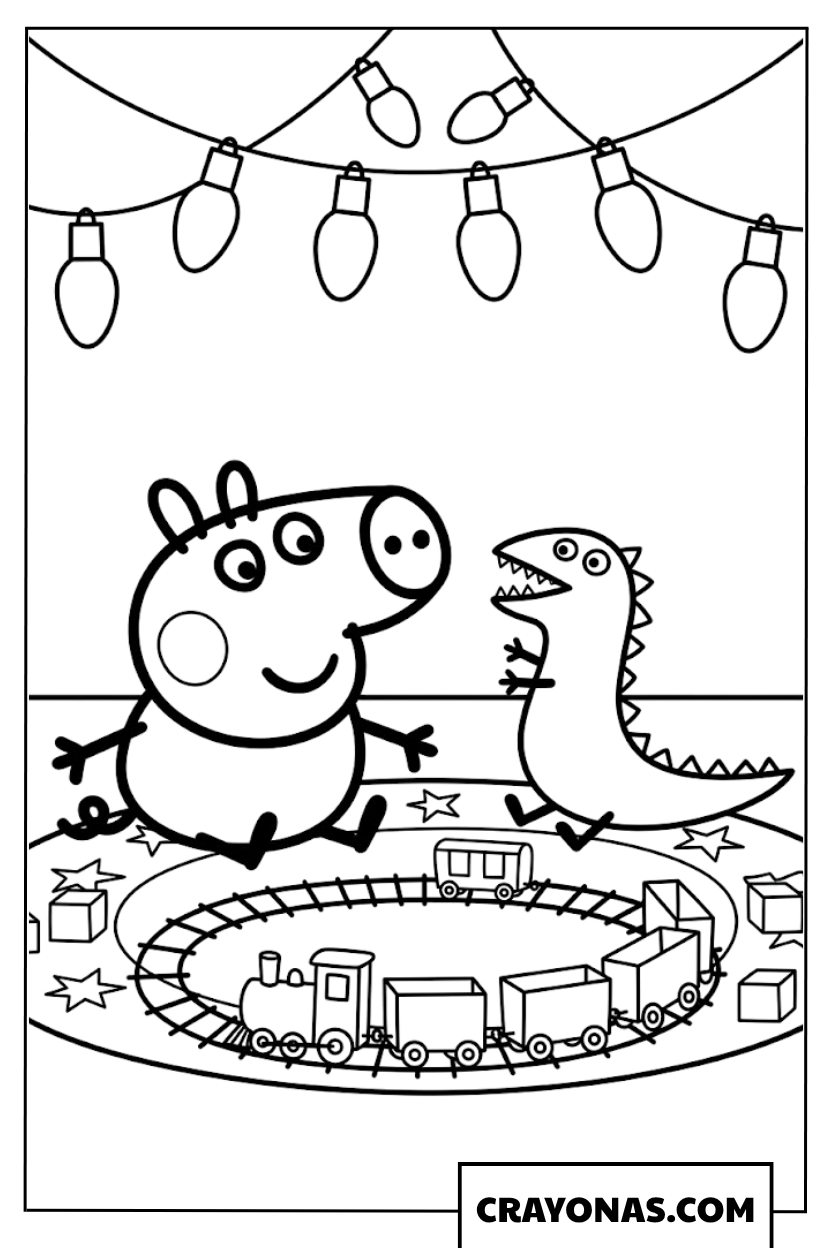 George Pig Train Track with Mr. Dinosaur Coloring Page