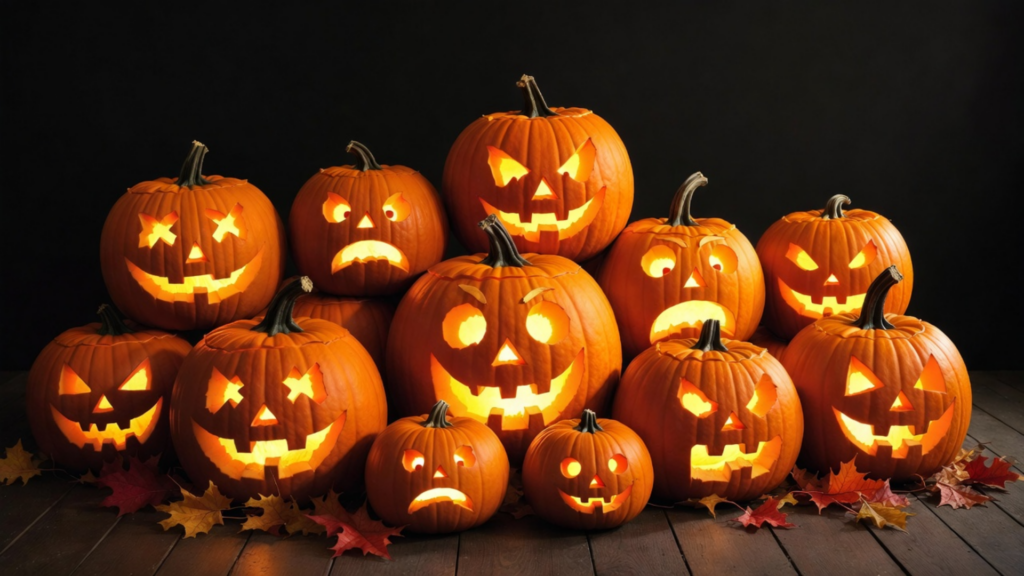 Glowing Jack-O’-Lanterns with Different Carved Faces