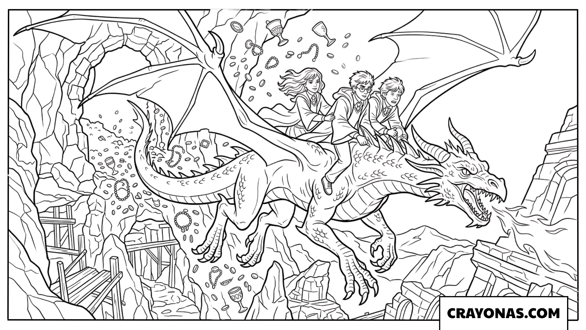 Harry, Hermione, Ron Escaping Dragon Coloring Pages