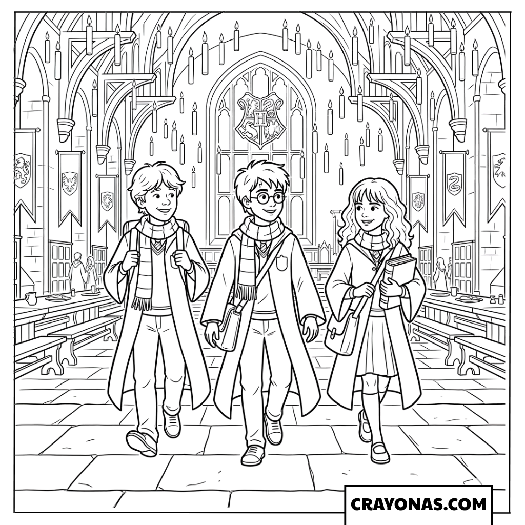 Harry, Hermione and Ron Walking Coloring Pages