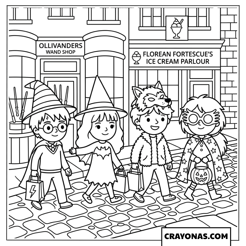 Harry Potter Trick-or-Treating in Diagon Alley Coloring Pages