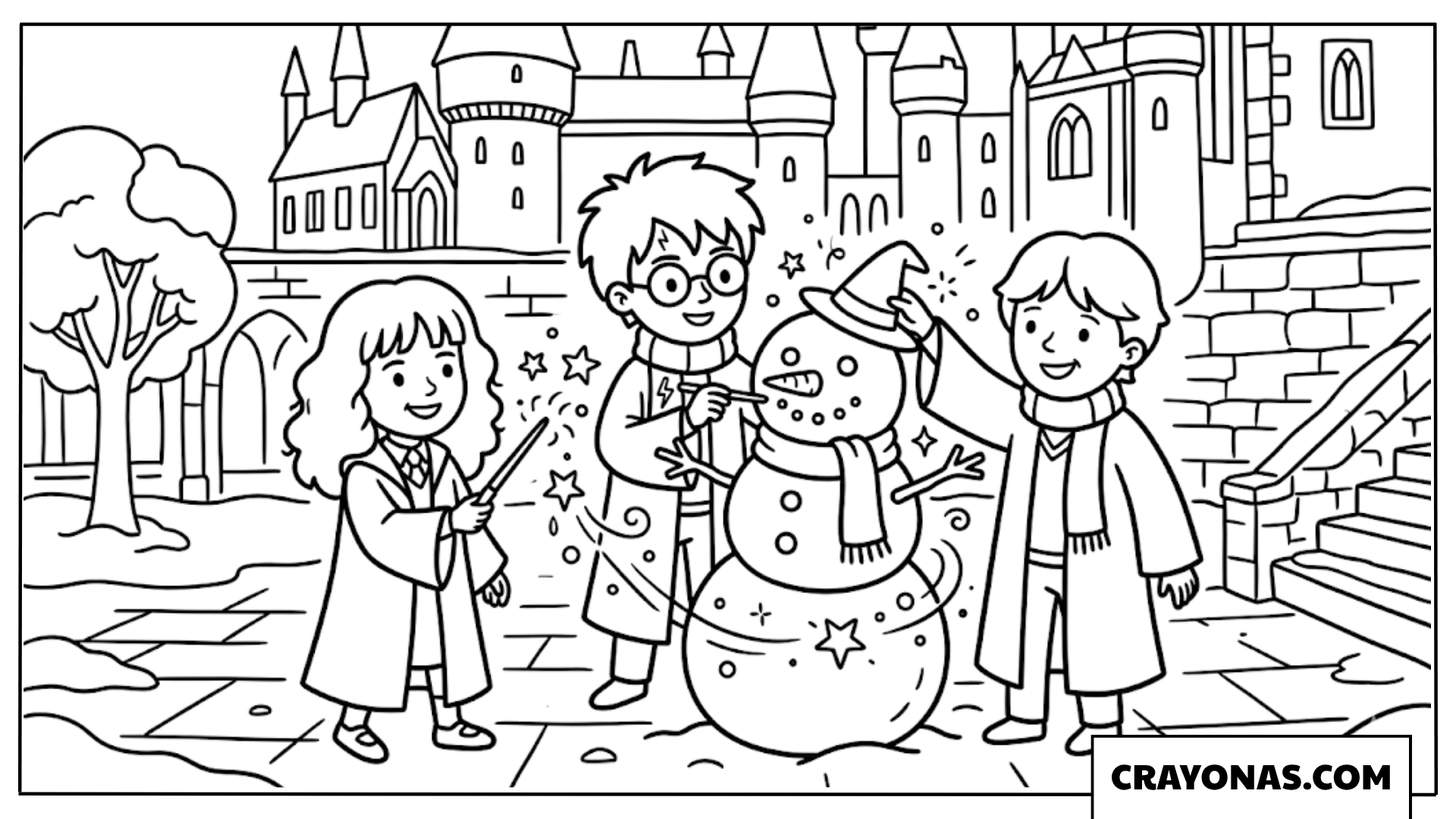 Harry Ron and Hermione Building Snowman Coloring Pages