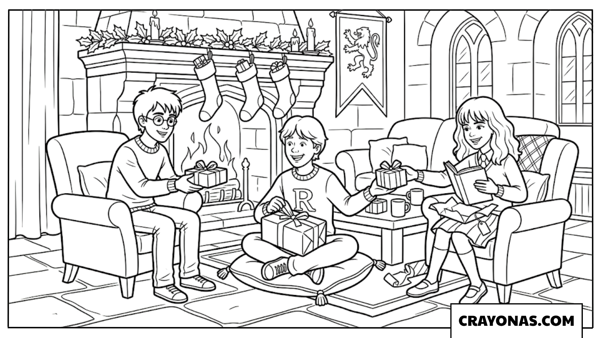 Harry, Ron, and Hermione Christmas Gifts Coloring Pages