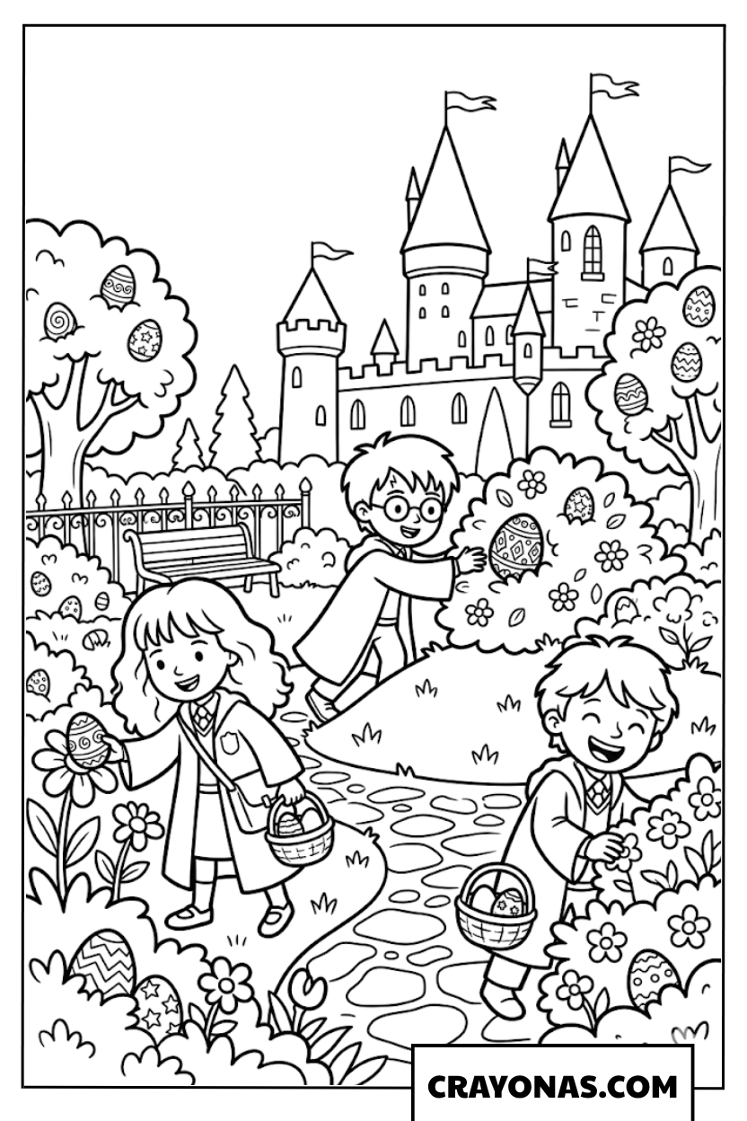 Harry, Ron and Hermione Easter Egg Hunt Coloring Pages