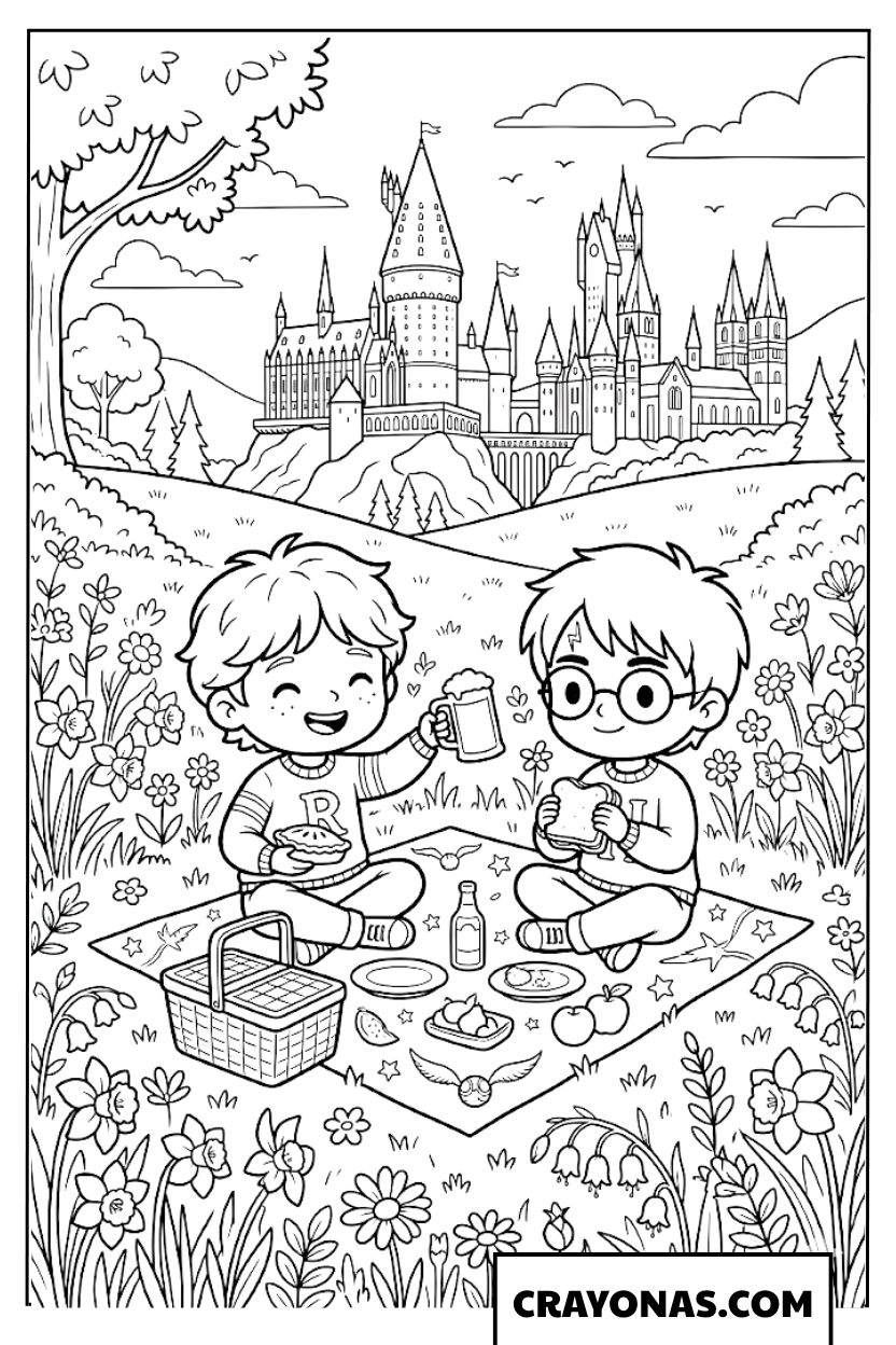 Harry and Ron Spring Picnic Coloring Pages