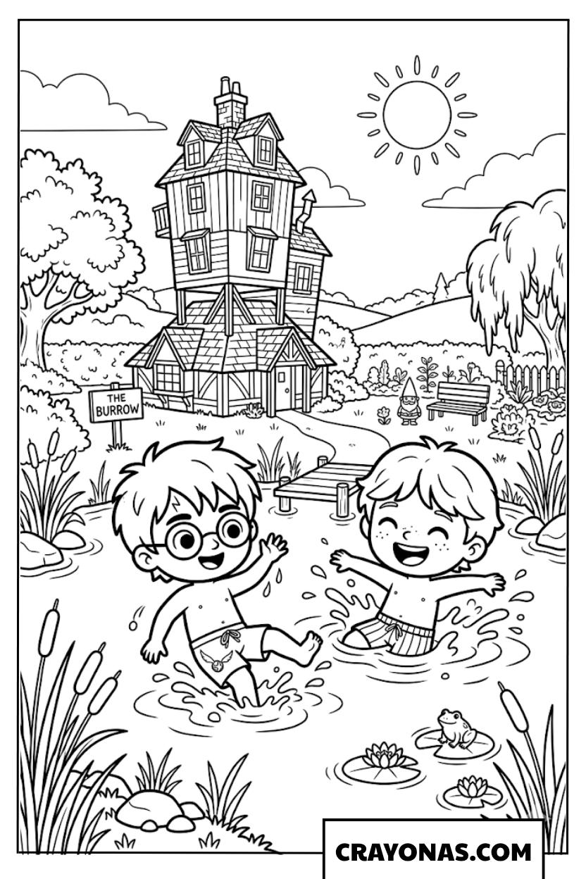 Harry and Ron Swimming at The Burrow Coloring Pages